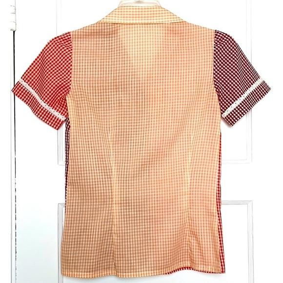 VINTAGE 70s Short Sleeve Patchwork Gingham Lace Trim Floral Ladybug Button Shirt - Picture 2 of 6